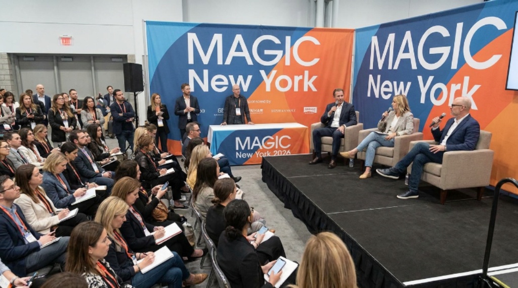 An industry panel discussion at MAGIC New York 2026 with fashion thought leaders seated on stage in front of a branded backdrop, speaking to an audience of buyers and press