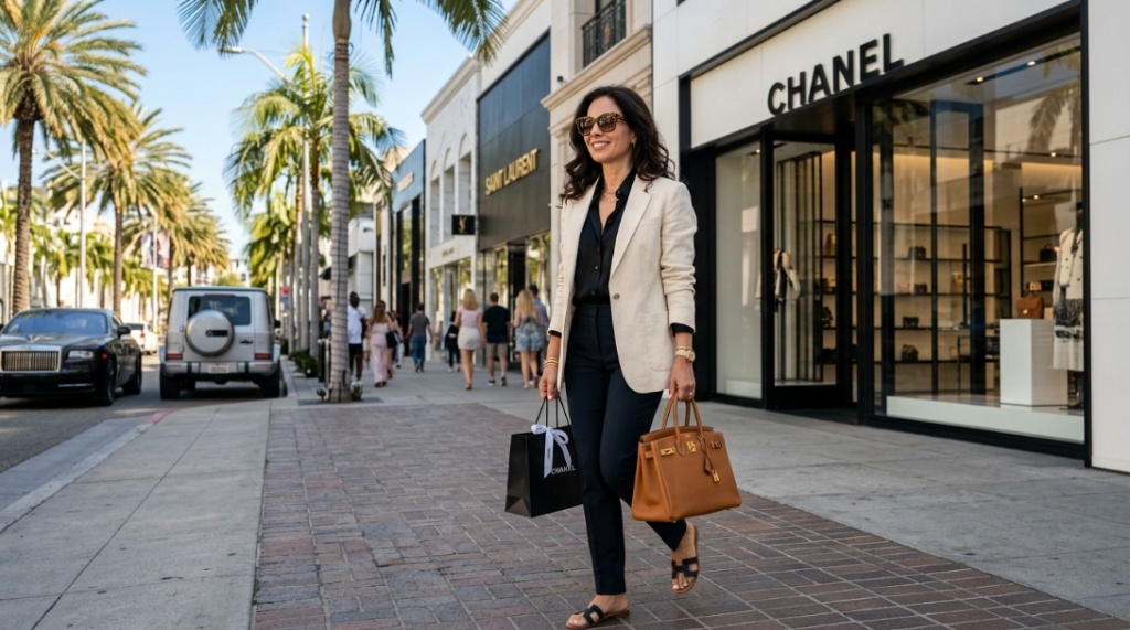 A stylish woman holding a luxury designer handbag on a sunny California street.
