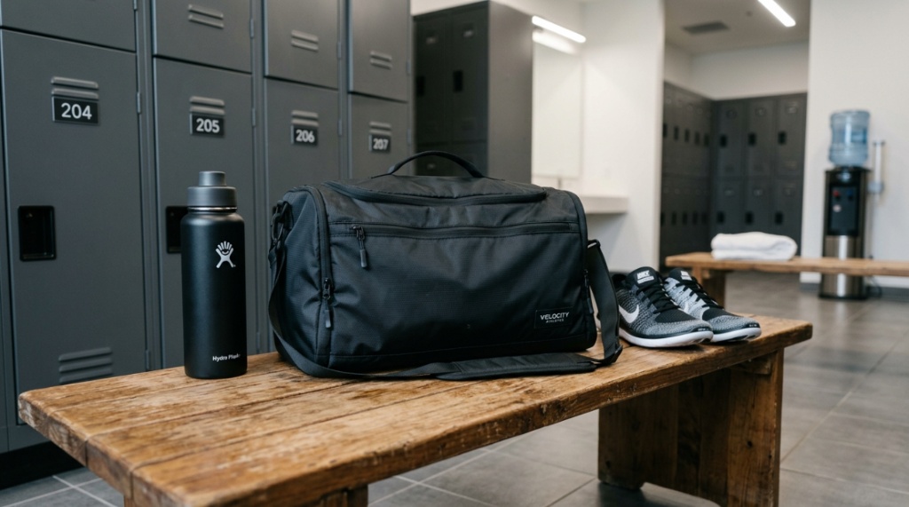 Person walking on a city street carrying a lightweight gym bag over their shoulder.