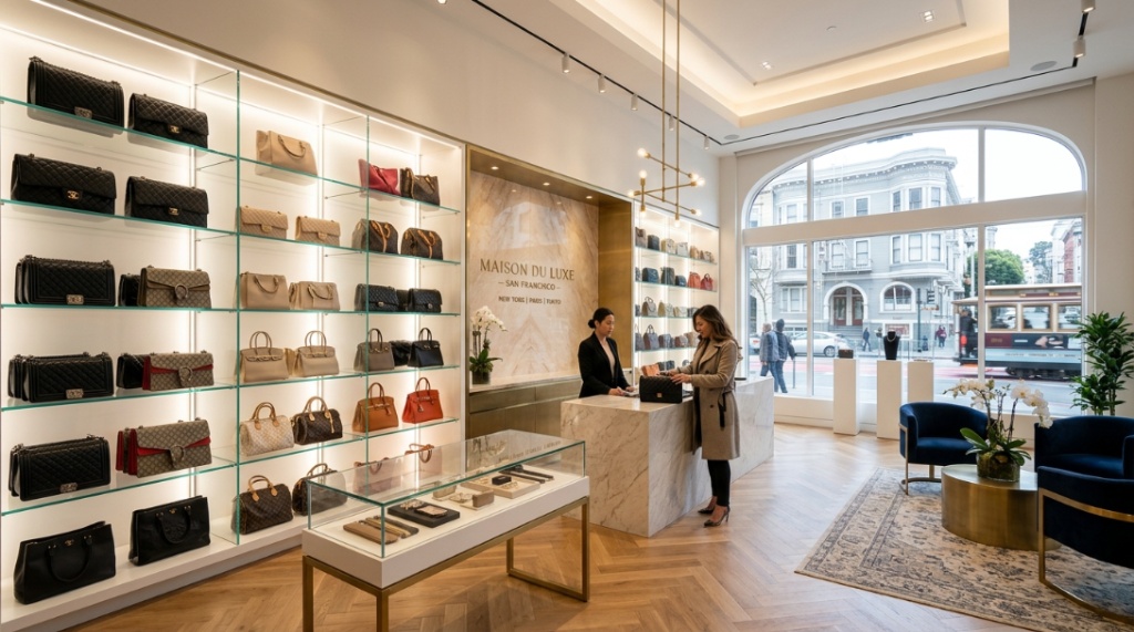 Designer luxury handbags displayed on modern backlit shelves inside a high-end California store.