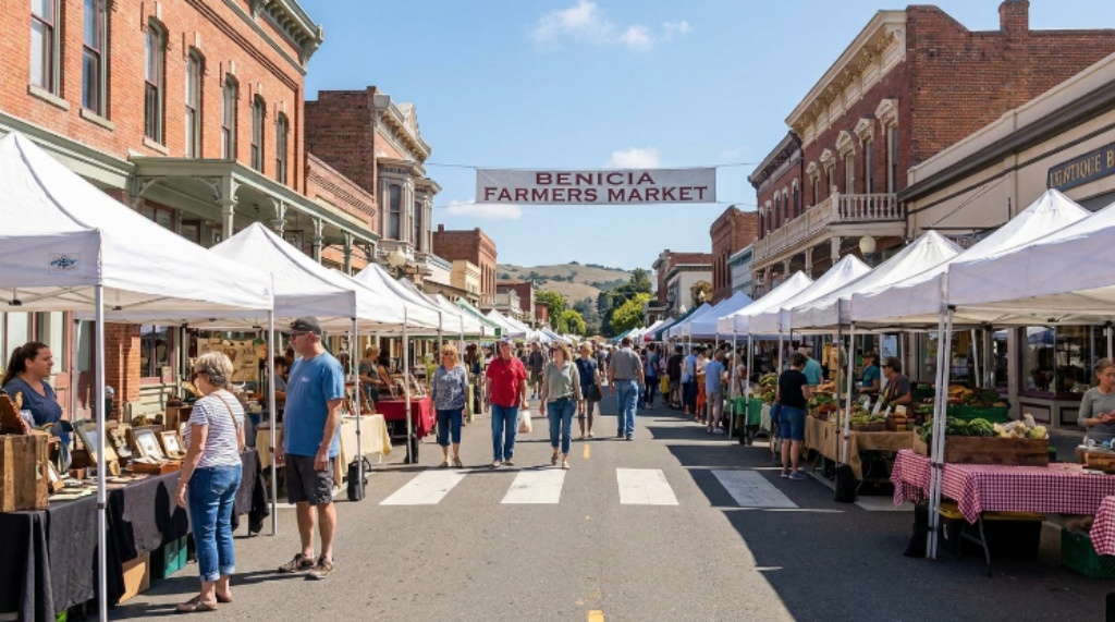 Shoppers browsing vendor stalls on First Street Benicia
