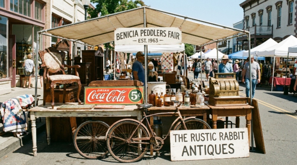 Vintage antiques displayed at the Benicia Peddlers Fair booth