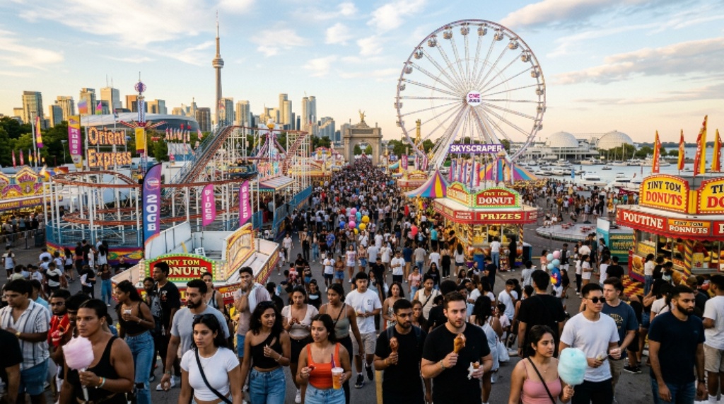 CNE 2026 midway rides and crowds at Exhibition Place Toronto waterfront