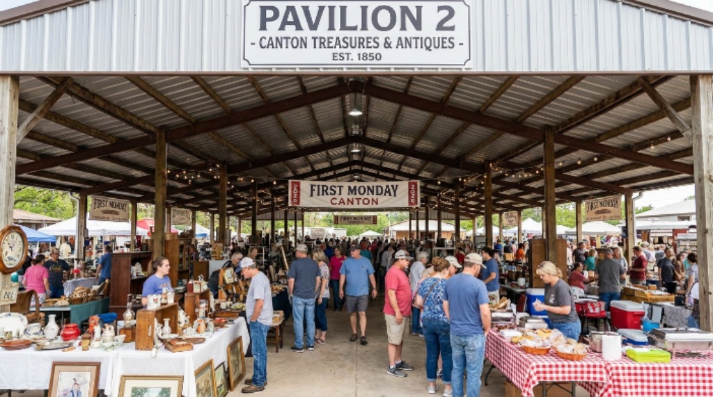 Covered pavilion with vendors at First Monday Canton Texas 2026