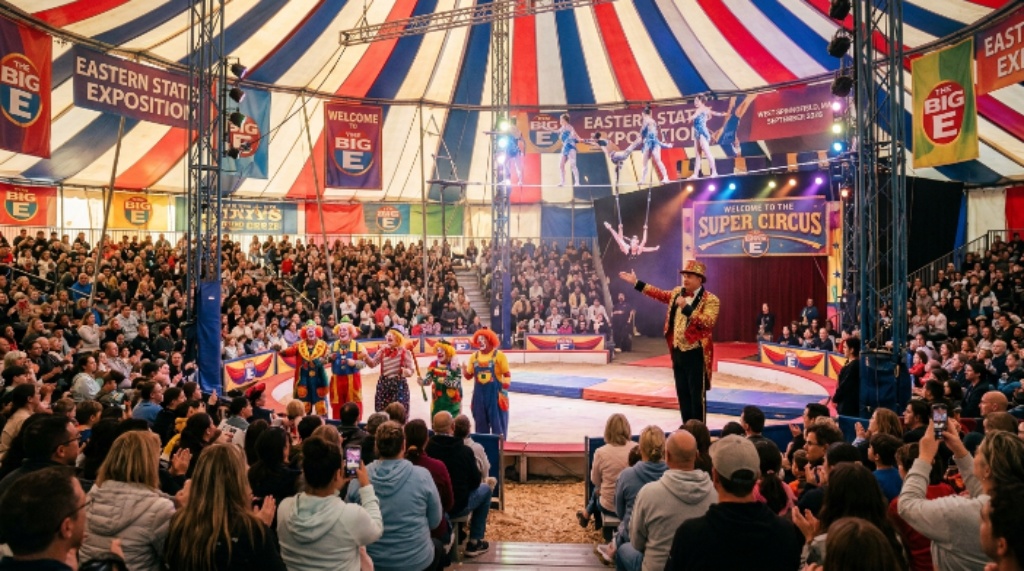 The Big E Super Circus performers entertaining a large crowd inside the fairgrounds at the Eastern States Exposition in West Springfield Massachusetts in September 2026