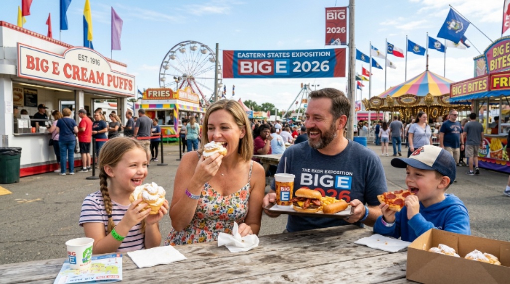 A family enjoying cream puffs and fair food at the Eastern States Exposition Big E 2026 in West Springfield MA on a sunny September afternoon
