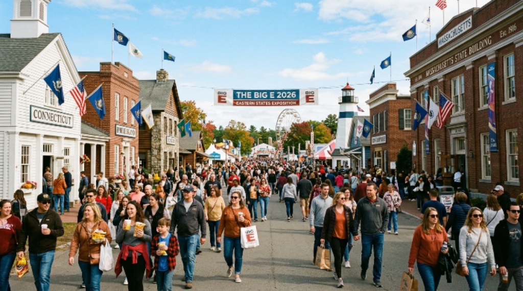 Visitors walking along the Avenue of States at the Big E Eastern States Exposition 2026 in West Springfield Massachusetts with state fair buildings on both sides