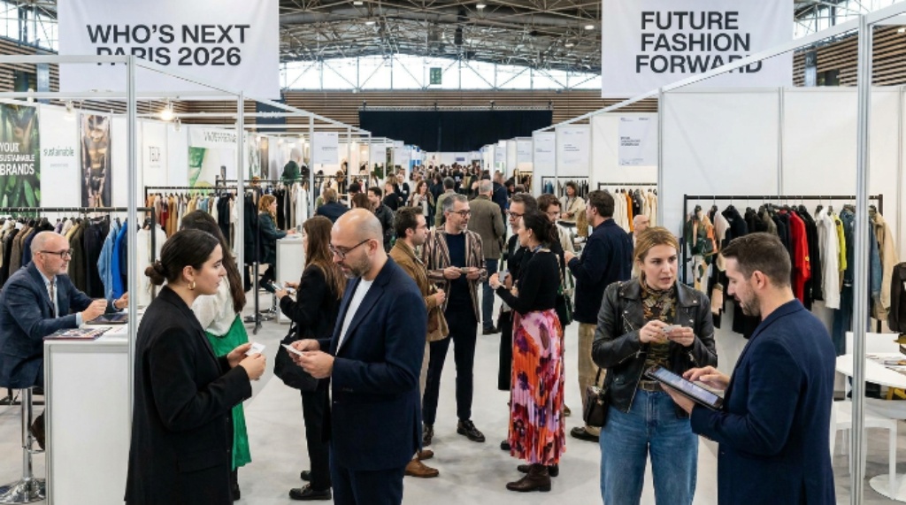 Fashion buyers networking at Who's Next Paris 2026 exhibition floor