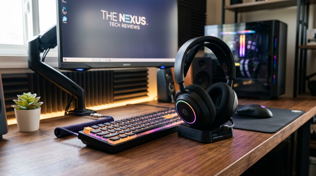 Ergonomic gaming headset resting on a modern desk next to a keyboard.