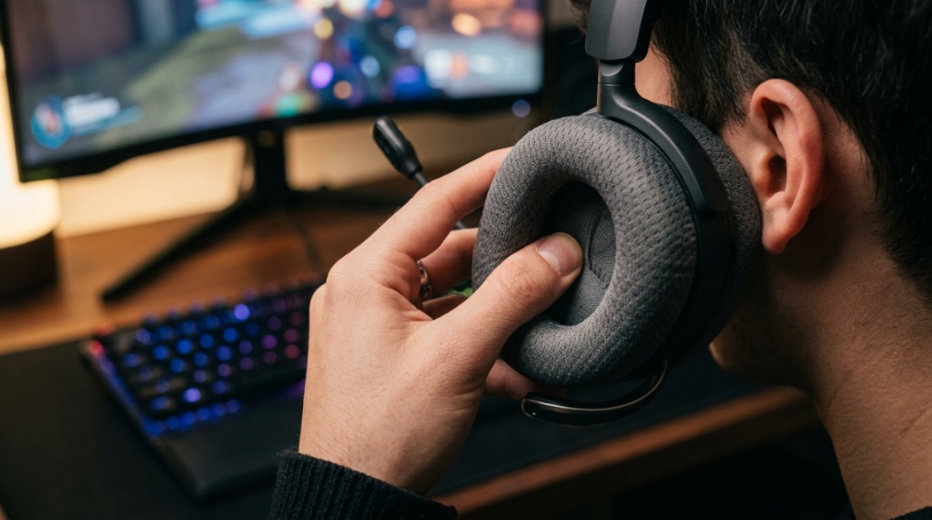 Gamer adjusting plush memory foam ear cushions on a headset.