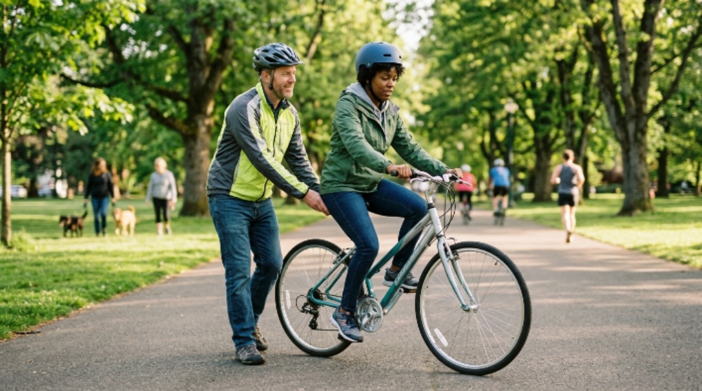 Beginner cyclist learning how to start cycling