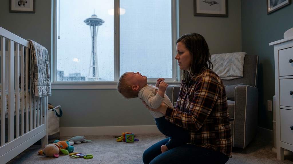 Parent calming baby during bedtime routine in Seattle home