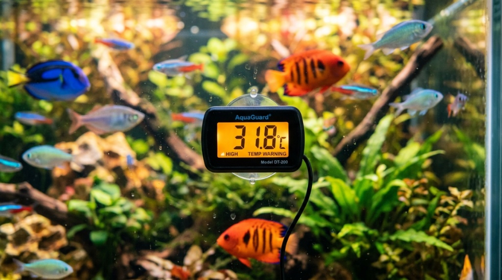 Aquarium cooling fan attached to the edge of a fish tank.