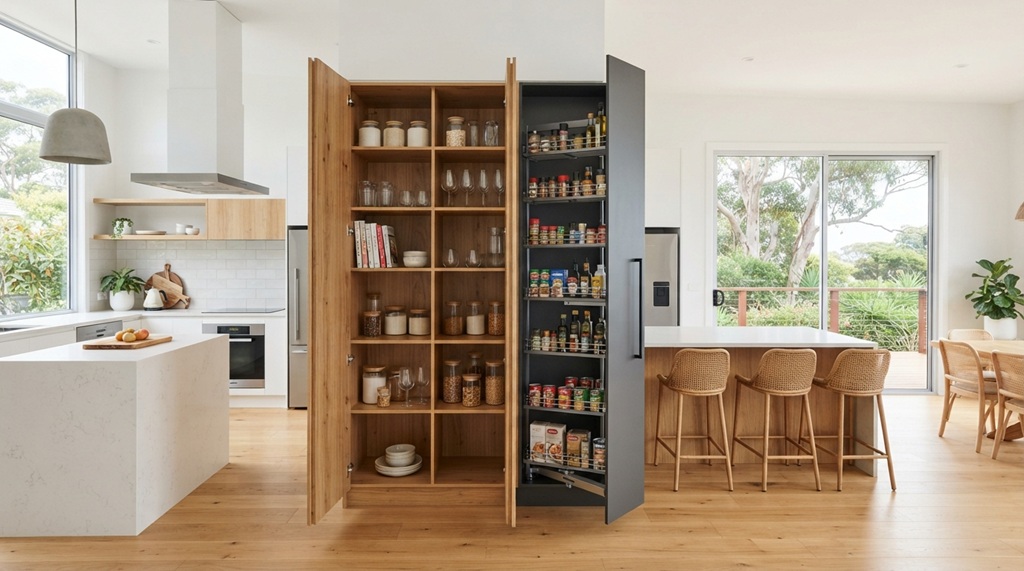 Side-by-side modern wood and pull-out pantry cabinets in a bright kitchen.