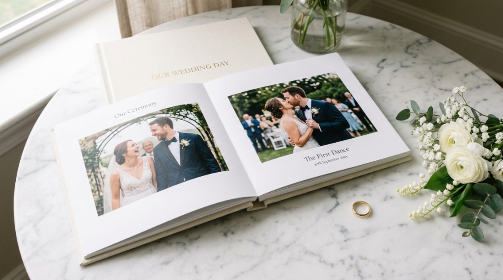 Leather hardcover wedding album and linen memory book displayed side by side.
