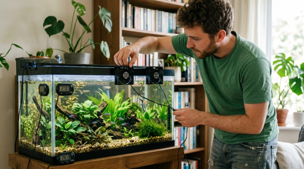 Digital aquarium thermometer showing high water temperature in a fish tank.