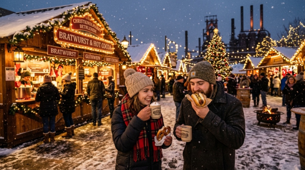 Visitors enjoying hot cocoa and bratwurst at Christkindlmarkt Bethlehem in winter