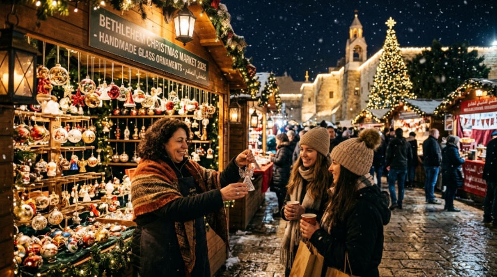 Artisan vendor selling handmade glass ornaments at Bethlehem Christmas market 2026