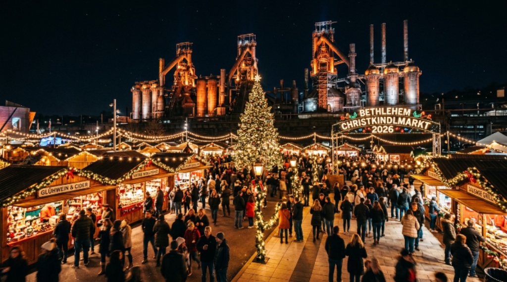Bethlehem Christkindlmarkt 2026 night view with festive lights and vendor stalls at PNC Plaza SteelStacks