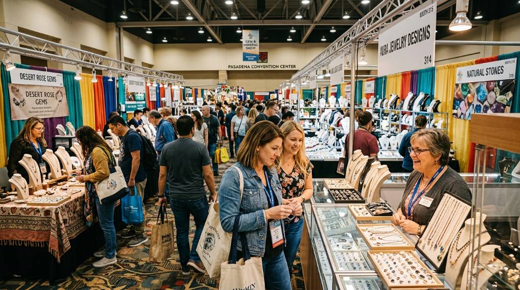 Visitors browsing jewelry vendor booths at the Pasadena Convention Center gem show