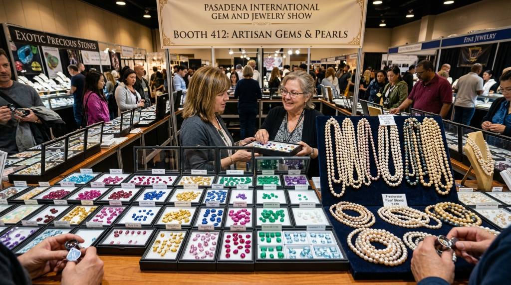 Colorful display of loose gemstones and pearl strands at the Pasadena International Gem and Jewelry Show