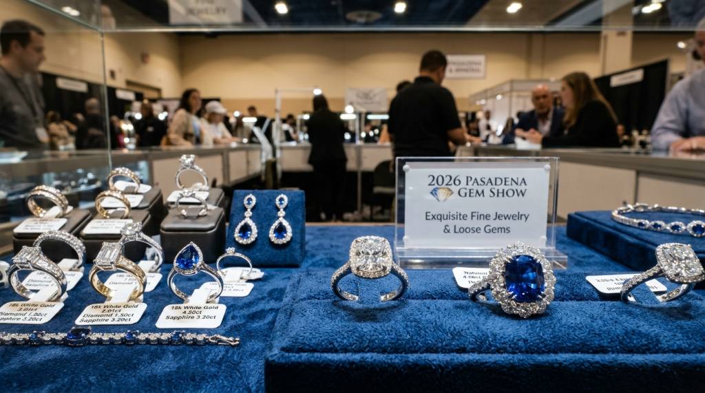 Close-up of diamond rings, sapphires, and fine jewelry pieces on display at the 2026 Pasadena gem show