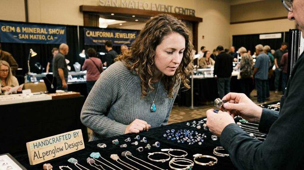A visitor examining loose gemstones and handcrafted jewelry pieces at an indoor gem and jewelry trade show in San Mateo, California
