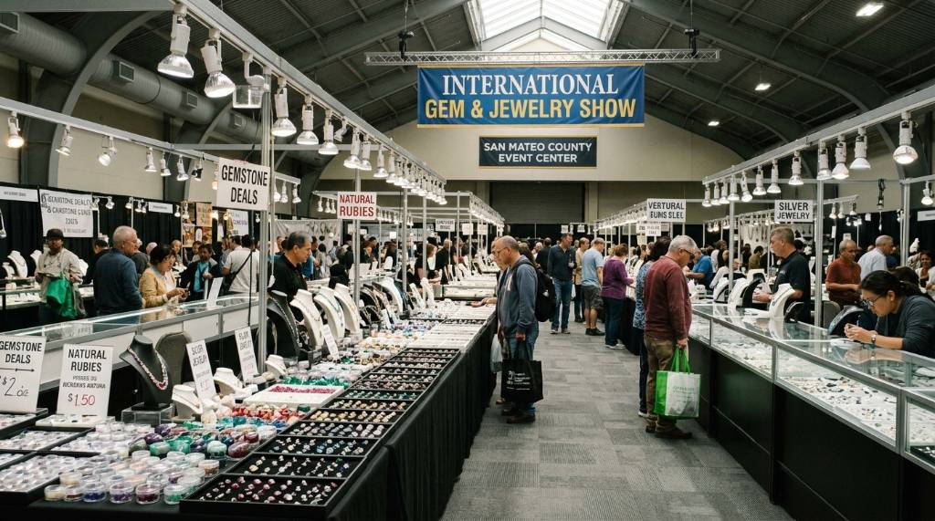 Rows of colorful gemstone and jewelry displays at the International Gem and Jewelry Show inside the San Mateo County Event Center