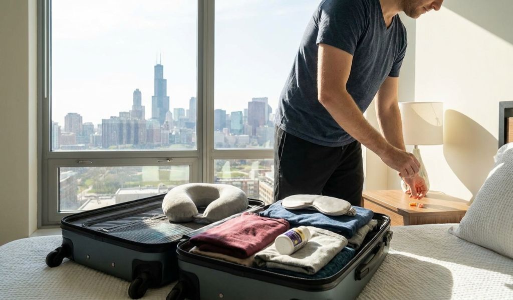 Professional business briefcase packed with travel essentials for overseas flight.