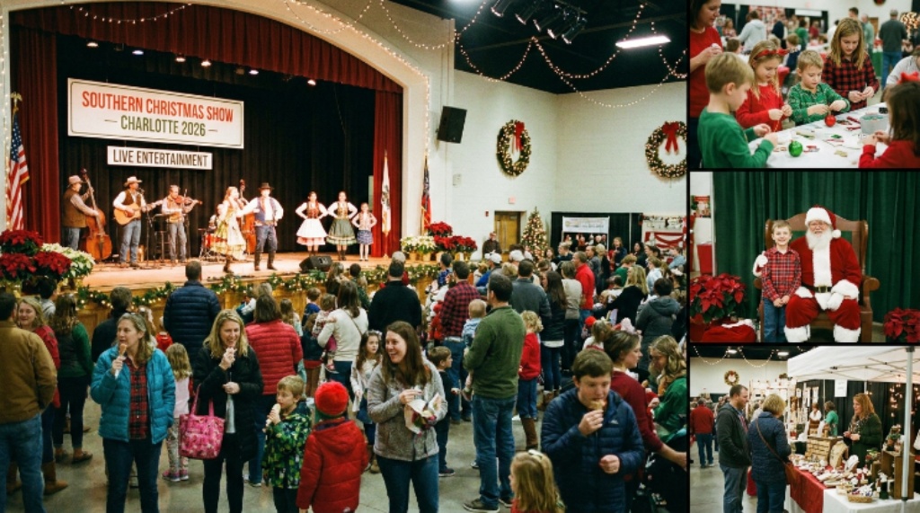 Families enjoying live holiday entertainment and seasonal activities at the Southern Christmas Show 2026 in Charlotte, North Carolina
