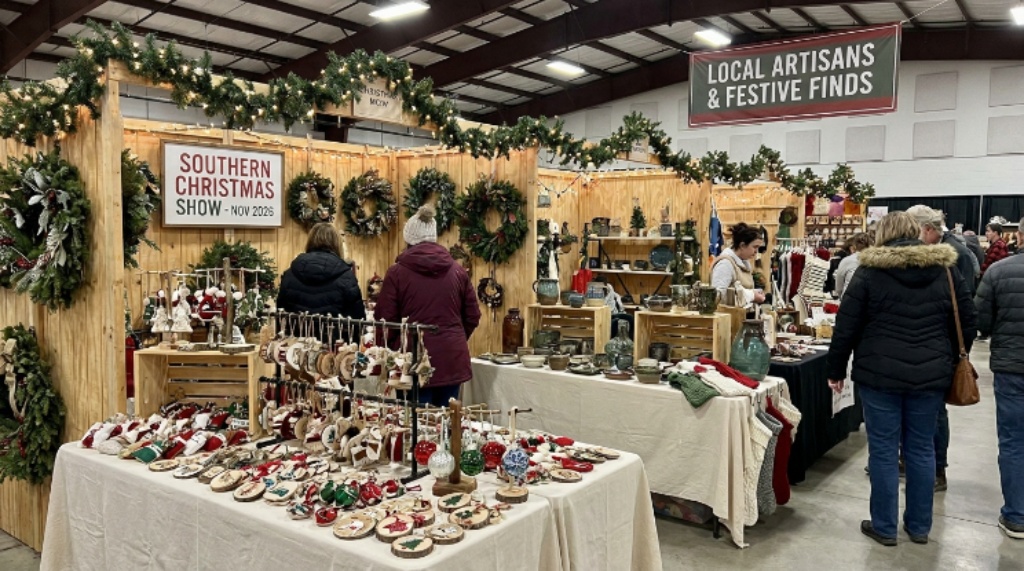 Festive Christmas decorations and handmade ornaments on display at the Southern Christmas Show vendor hall in November 2026