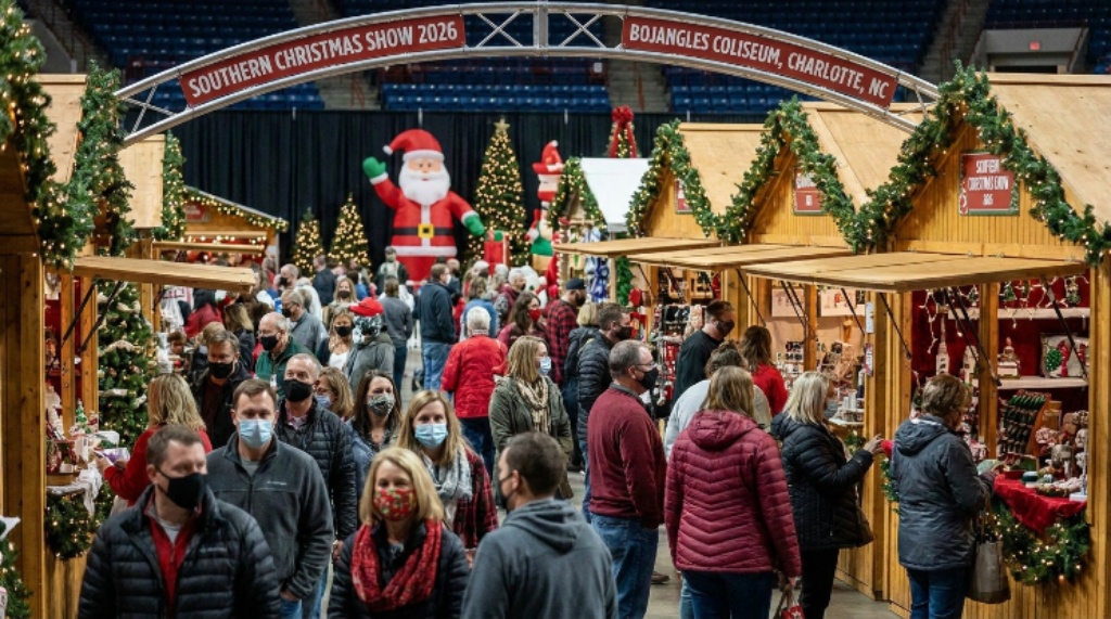 Crowds of holiday shoppers browsing vendor booths inside the Southern Christmas Show 2026 at Bojangles Coliseum in Charlotte, NC