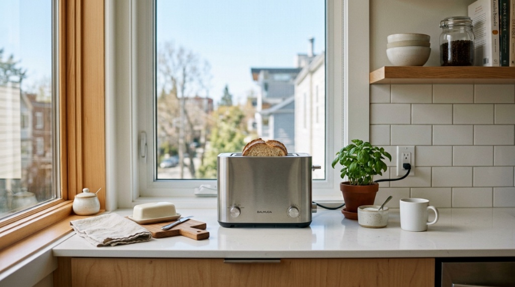 Compact two-slice toaster on a small modern kitchen counter