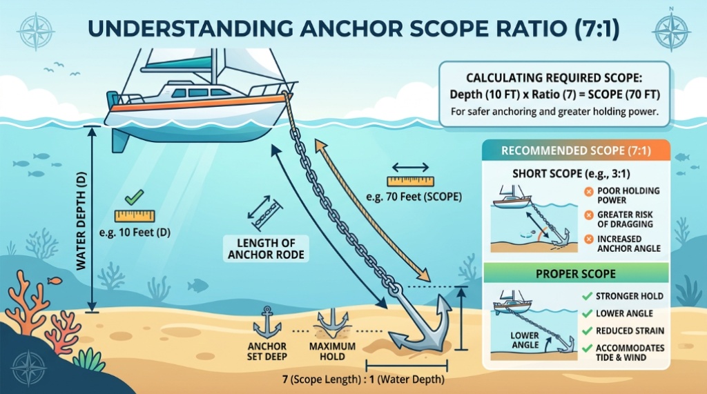Diagram illustrating proper anchor scope ratio and water depth.