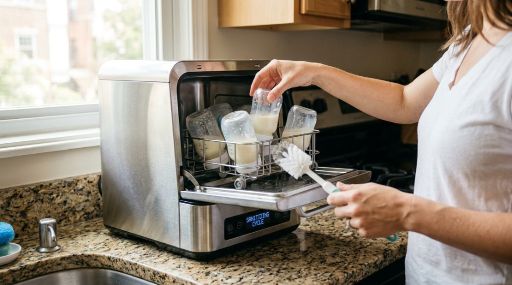 Modern automatic baby bottle washer on a busy New York apartment kitchen counter.