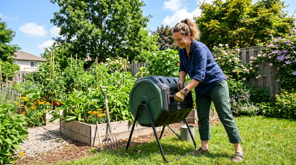 A person turning a backyard tumbler to aerate organic compost.