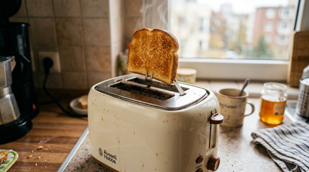 Golden brown toast popping out of a compact budget toaster