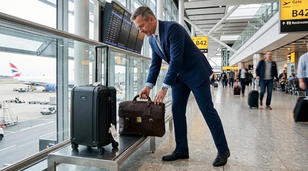Professional traveler placing a leather briefcase next to rolling luggage at an airport gate.