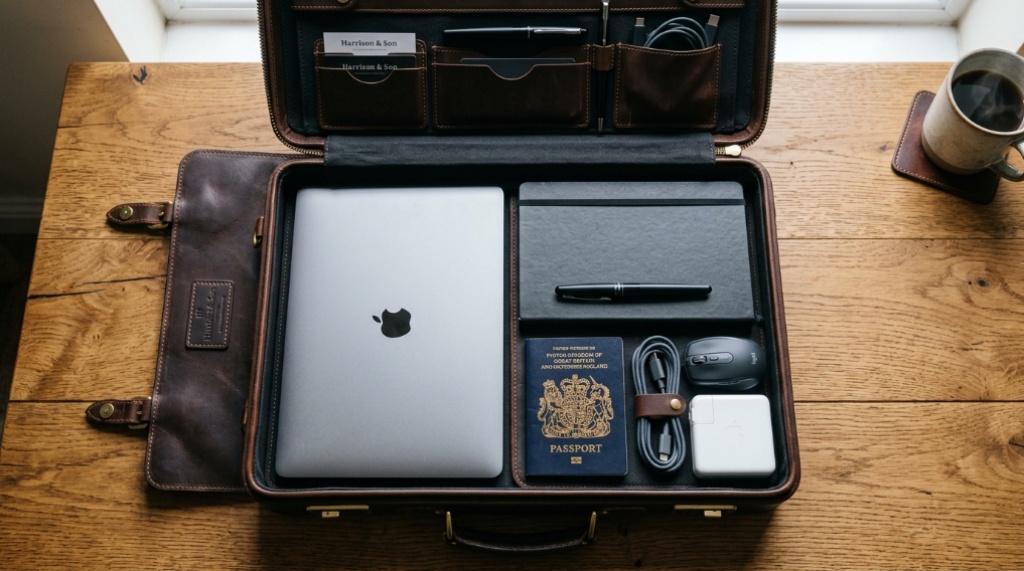 Open business briefcase organized with a laptop, passport, and travel accessories.