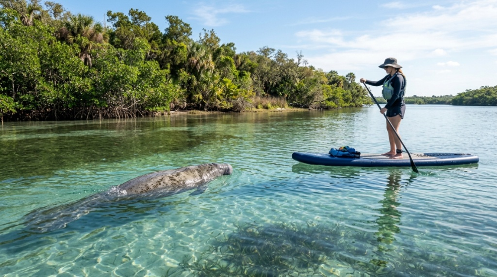 Paddleboarder observing a manatee surfacing in calm Florida waters.