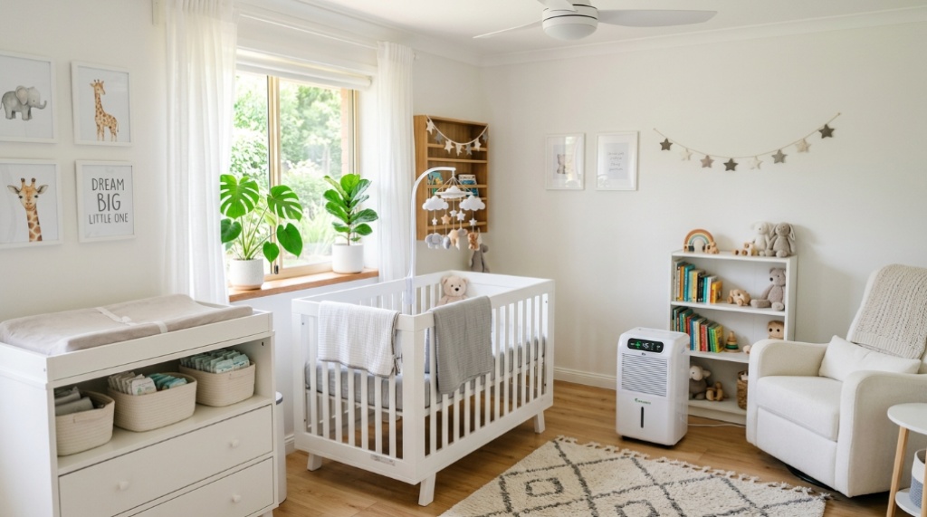 Modern baby nursery with a dehumidifier in a sunny room.