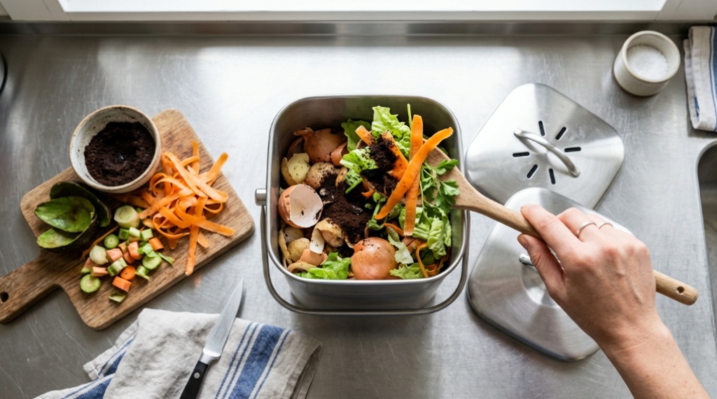 Fresh vegetable scraps being added to a countertop compost bin.