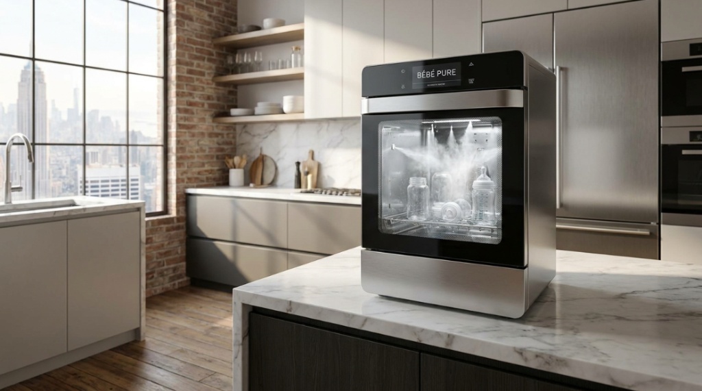 Mother quickly loading dirty baby bottles into a compact countertop appliance.