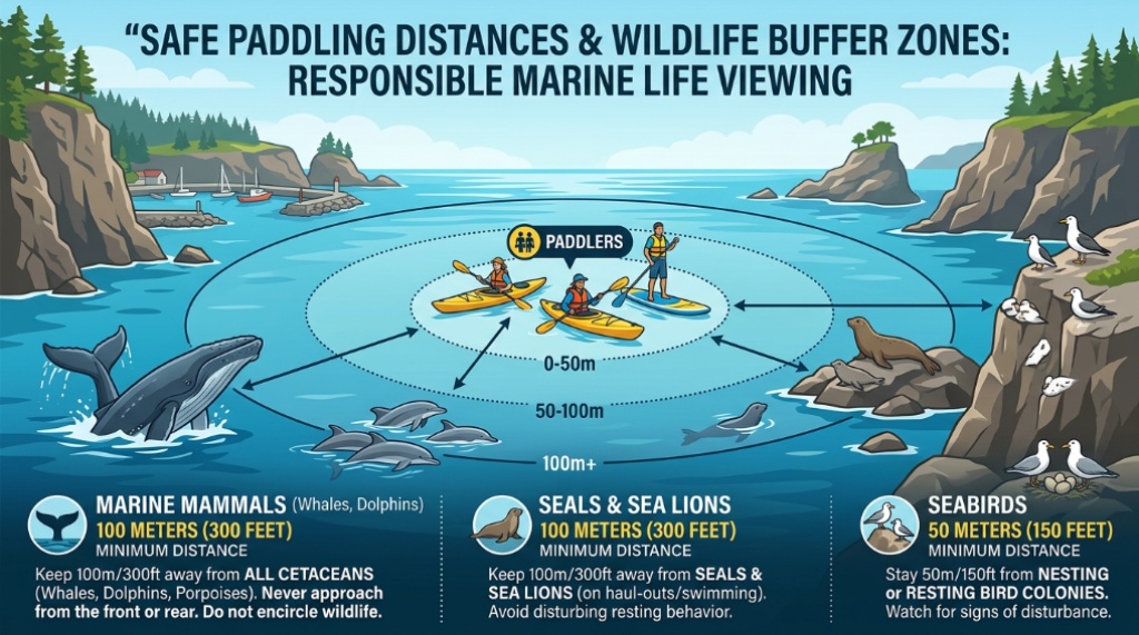 Diagram showing safe viewing distances for paddleboarders near wildlife.