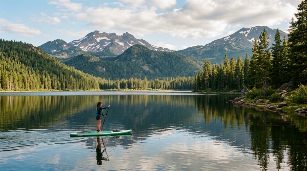 Paddleboarder gliding on a calm, pine-fringed lake in Oregon at sunrise.