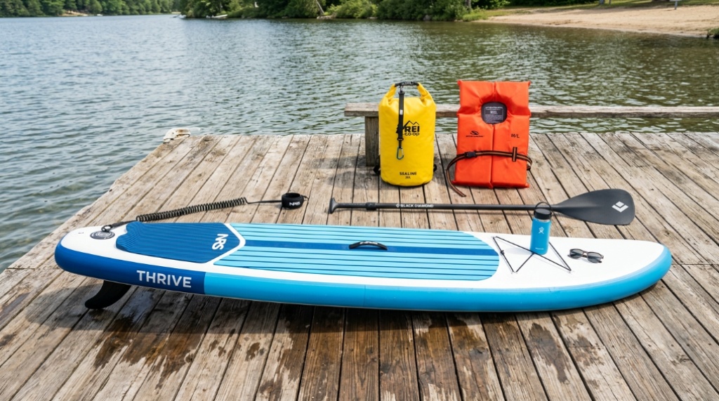 Essential paddleboard gear laid out on a wooden dock by the water.