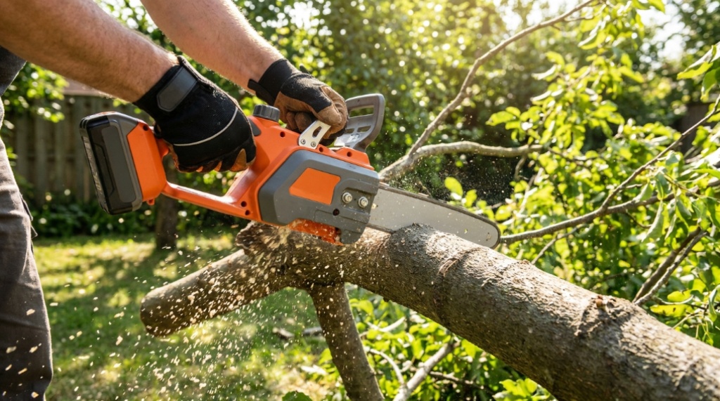 Gardener holding a compact supstable chainsaw for overhead trimming.